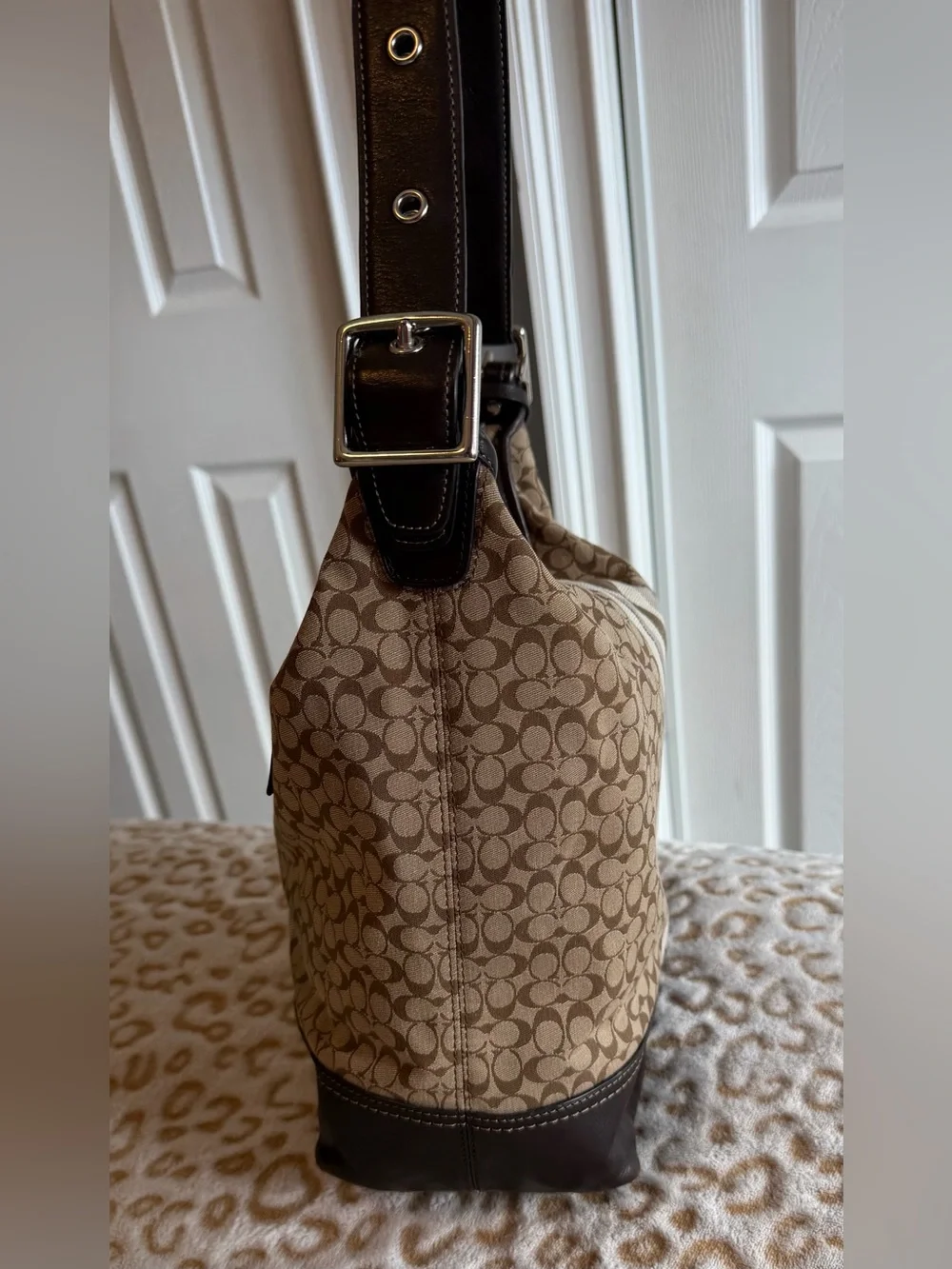 Coach Legacy Brown Beige Hobo Signature C  Leather Trim Bag